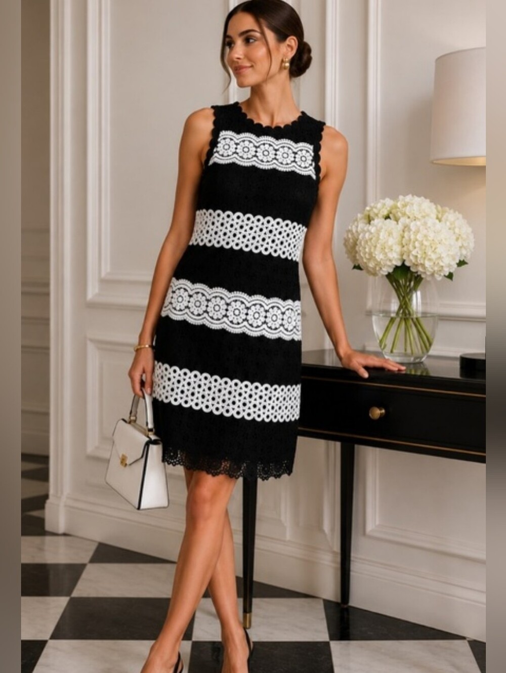 kate spade Black and White Lace-Striped Sleeveless Mini Dress